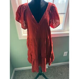 Old Navy Rust Terracotta Linen Blend Puff Sleeve Tiered Mini Dress Cottagecore